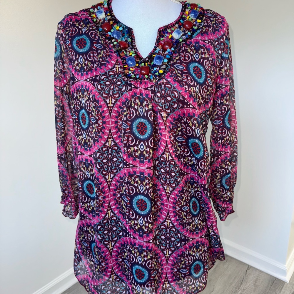 Kaktus Boho Tunic Top Women’s Medium Sheer Medallion Print Beaded Neckline‎